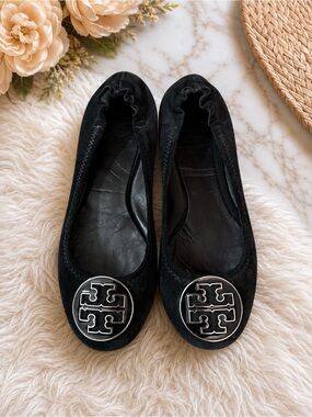 Tory Burch Black Suede Reva Ballet Flats with Gold Logo